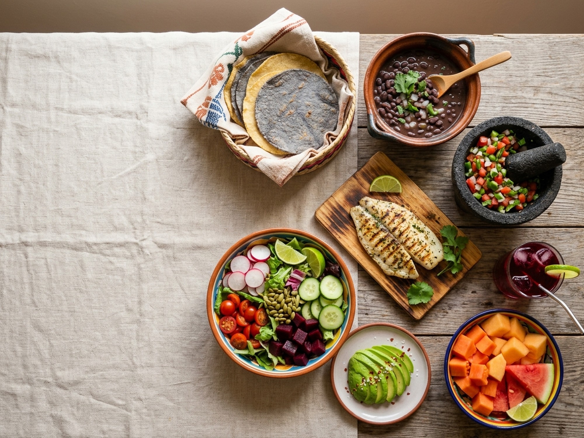 Mesa con una comida mexicana balanceada: tortillas, frijoles de la olla, aguacate, pescado a la plancha y ensalada